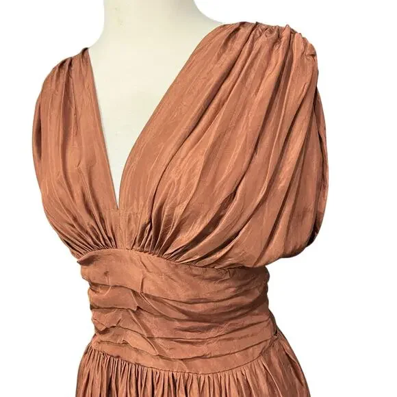 BCBGmaxazria Silk Dress Womens 6 Brown Pleated Sash Fit Flare Midi Greek Goddess - Picture 3 of 15